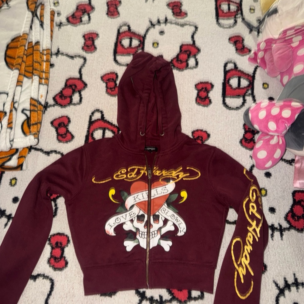 Ed Hardy Burgundy Hoodie with Skull and Banner Croptop
